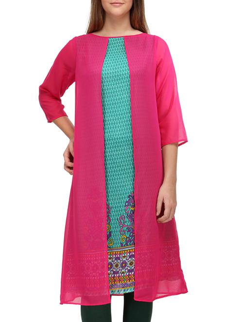 printed pink and sea green rayon layered kurta - 9569930 - Standard Image - 1