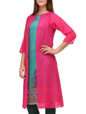 printed pink and sea green rayon layered kurta - 9569930 - Standard Image - 2