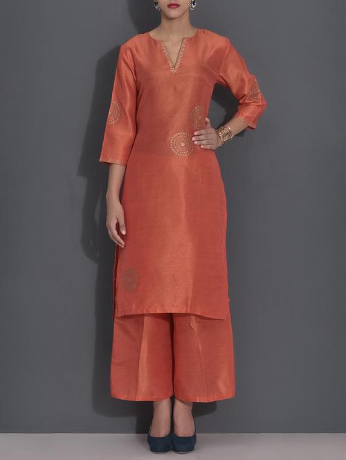 orange printed semi crepe silk kurta-palazzo set - 9585479 - Very Small Image - 1
