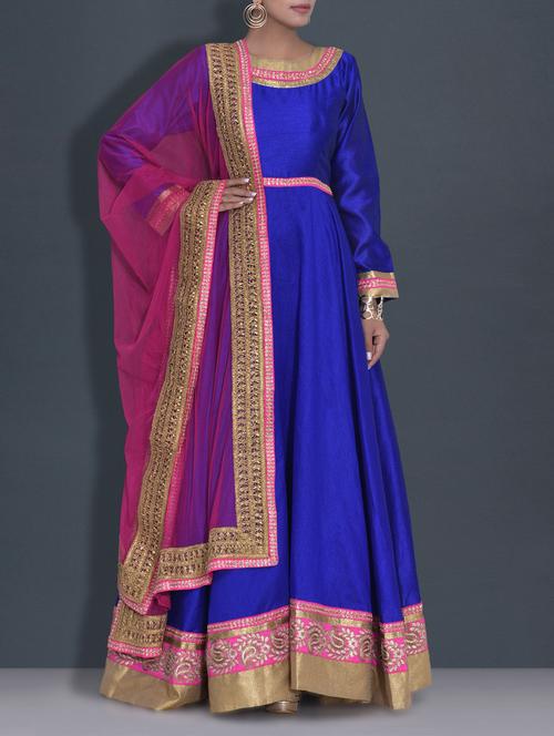 royal blue embroidered poly dupion anarkali suit set - 9589986 - Very Small Image - 1