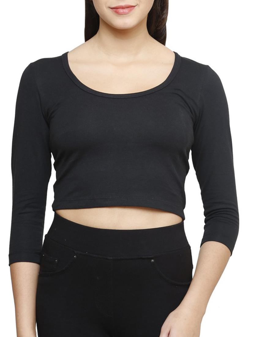 Solid Black Cotton Lycra Crop Top - 9592231 - Zoom Image - 1
