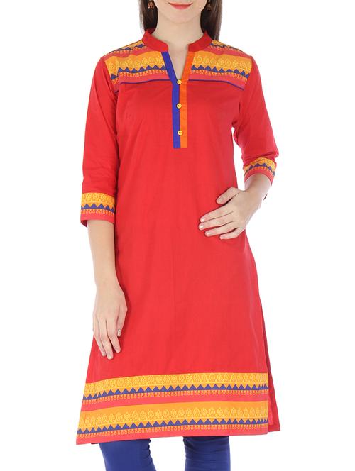 red cotton net printed kurti - 9595780 - Standard Image - 1