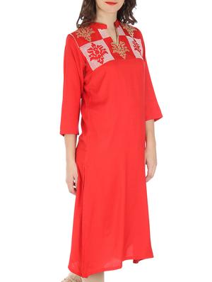 red rayon embroidered kurta - 9595802 - Standard Image - 2