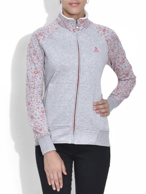 grey printed sleeved cotton fleece zippered sweatshirt - 9598544 - Very Small Image - 1