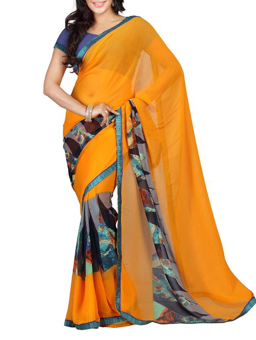 Yellow Georgette Printed Saree - 9603846 - Standard Image - 1