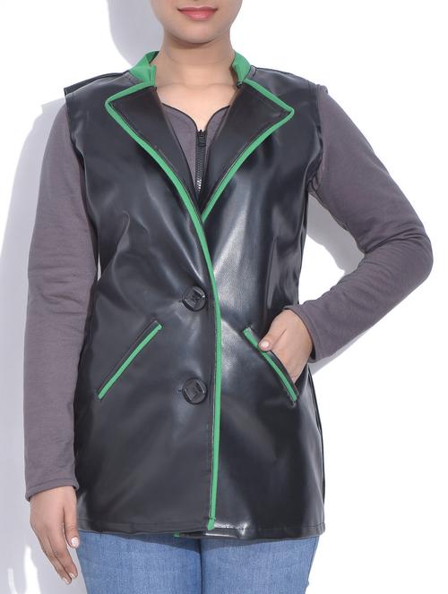 black leatherite jacket with green piping - 9605388 - Standard Image - 1
