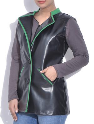 black leatherite jacket with green piping - 9605388 - Standard Image - 2