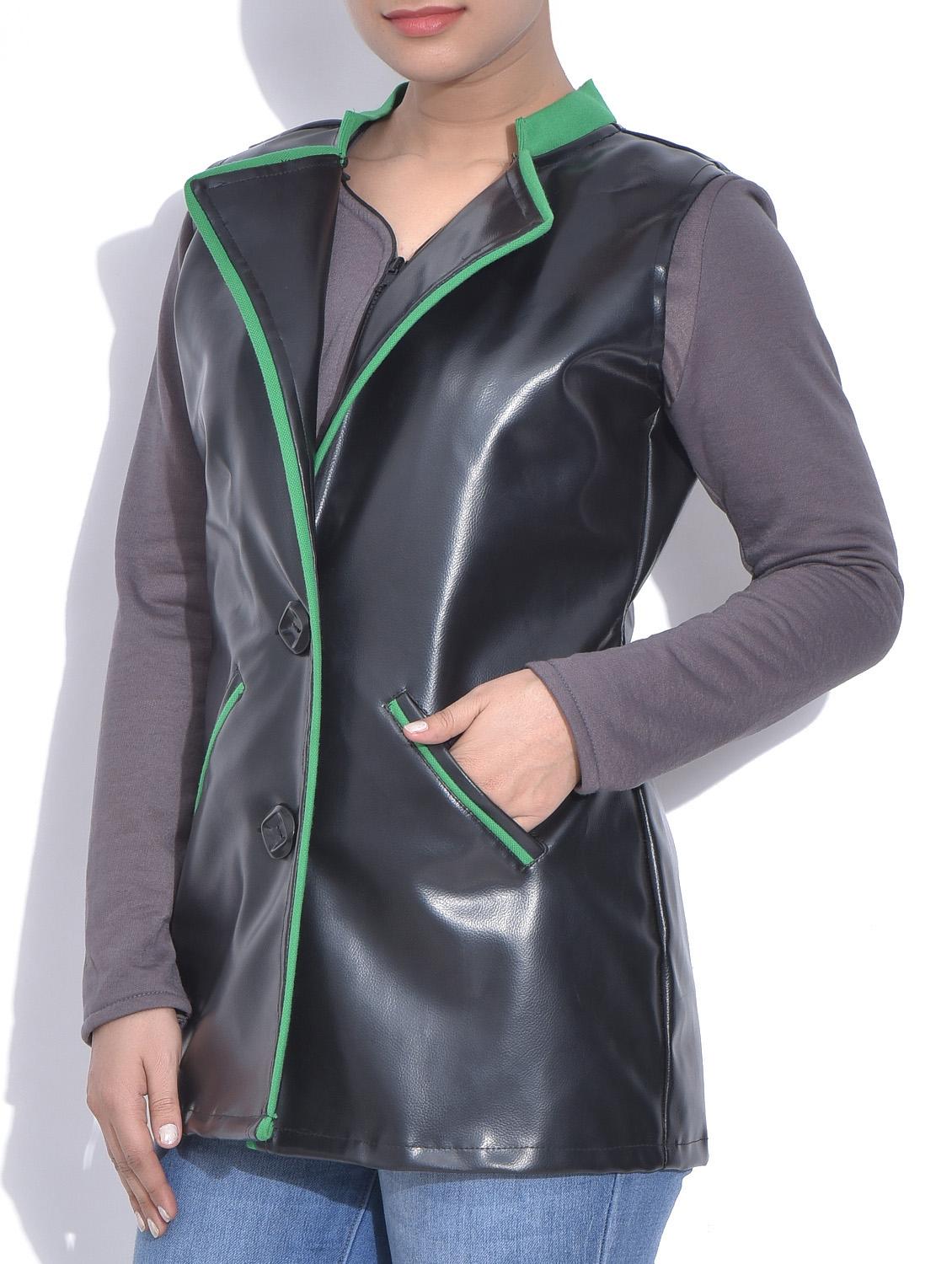 black leatherite jacket with green piping - 9605388 - Zoom Image - 2