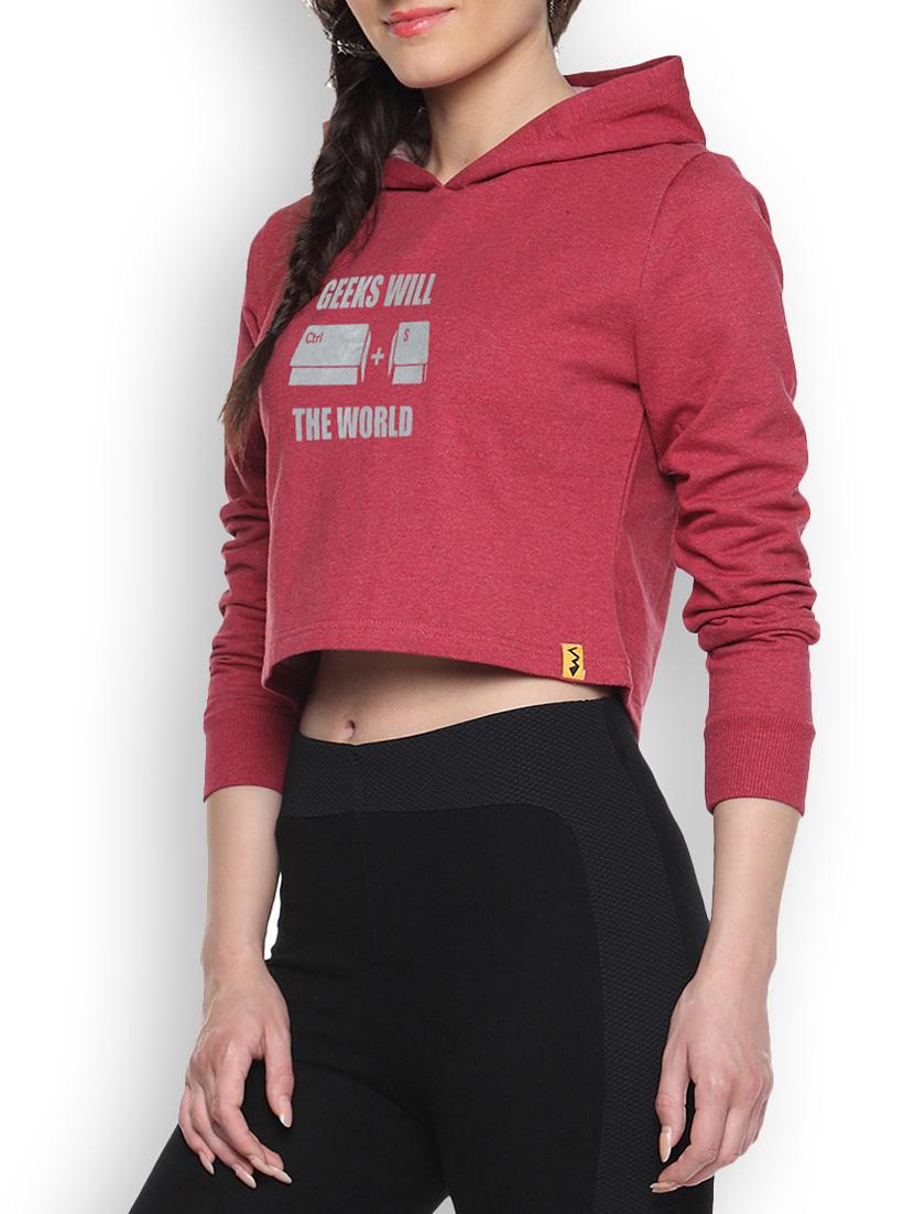 red cotton typographic printed cropped hoodie - 9607275 - Zoom Image - 1