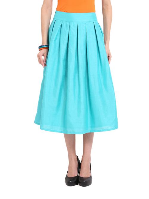 Turquoise Flare Midi Tea Silk Skirt - 960737 - Very Small Image - 1
