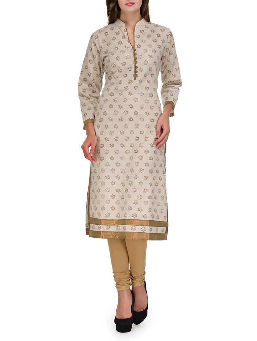 cream printed full sleeved cotton kurta - 9608566 - Zoom Image - 1