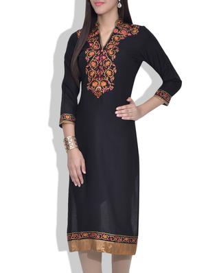 black embroidered rayon kurta - 9613989 - Standard Image - 2