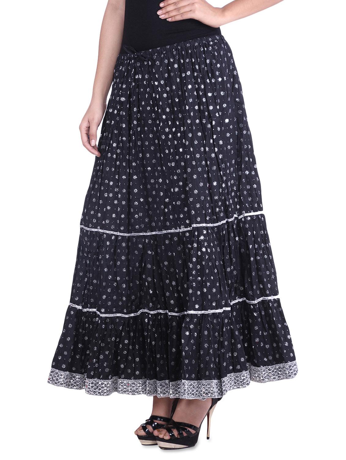 black cotton printed n sequined gathered skirt - 9617188 - Zoom Image - 2