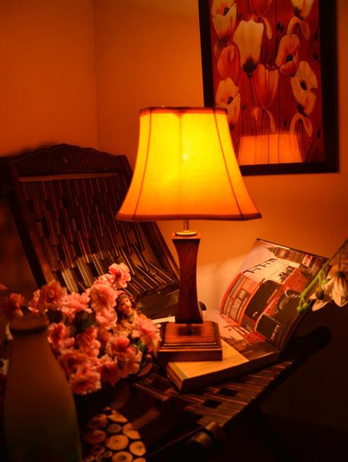 brown and mustard wooden table lamp - 9618603 - Standard Image - 1
