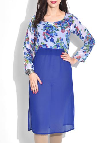 Floral Printed Royal Blue Georgette Kurta - 9621074 - Very Small Image - 1