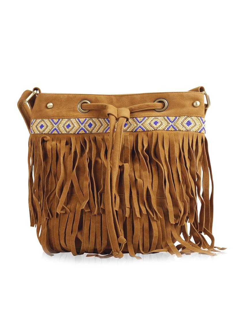 brown fringed beads embellished faux suede sling bag - 9633415 - Zoom Image - 1