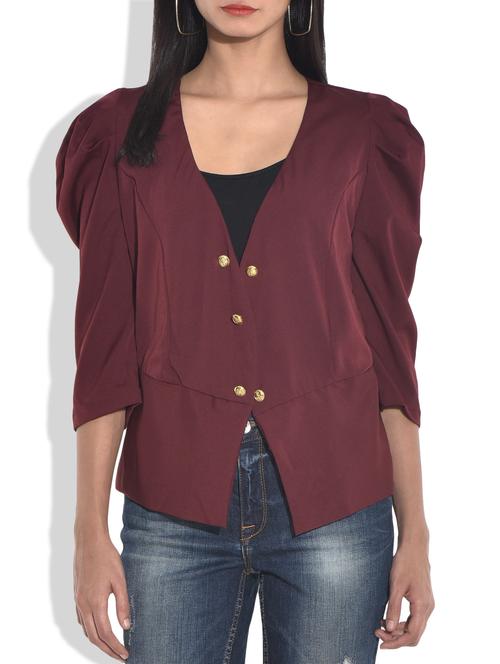 solid wine puff sleeved jacket - 9636857 - Standard Image - 1