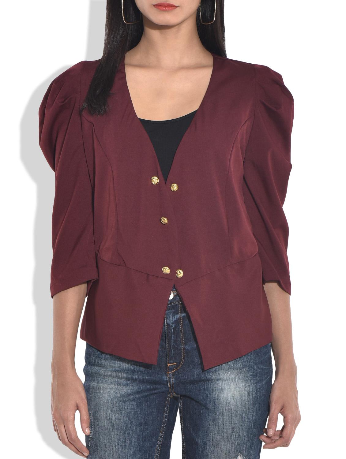 solid wine puff sleeved jacket - 9636857 - Zoom Image - 1
