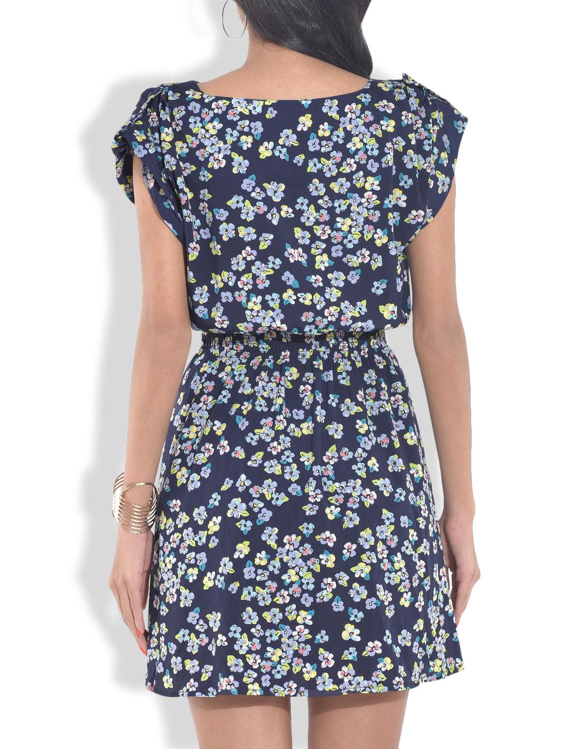 navy blue printed gathered dress - 9643161 - Zoom Image - 3