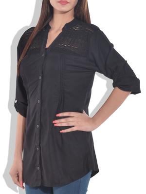 black rayon shirt with laced yoke - 9643194 - Standard Image - 2