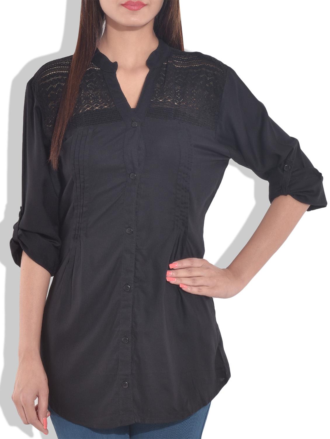 black rayon shirt with laced yoke - 9643194 - Zoom Image - 1