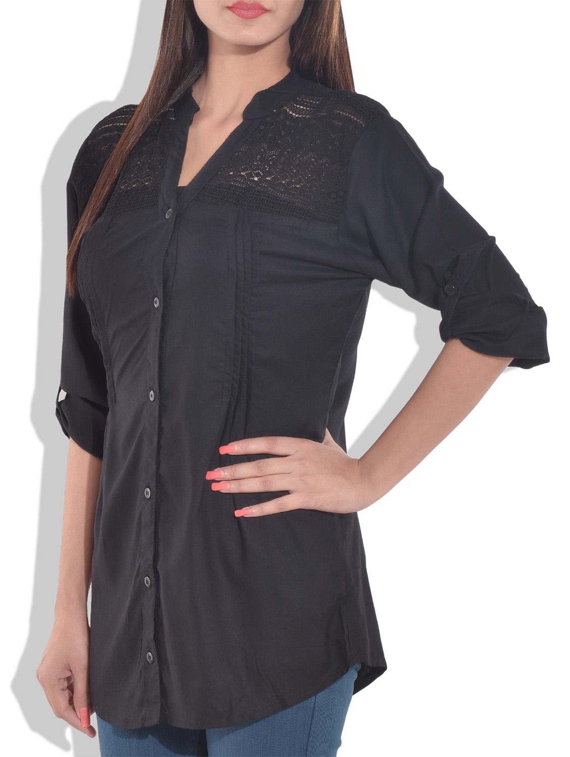 black rayon shirt with laced yoke - 9643194 - Zoom Image - 2