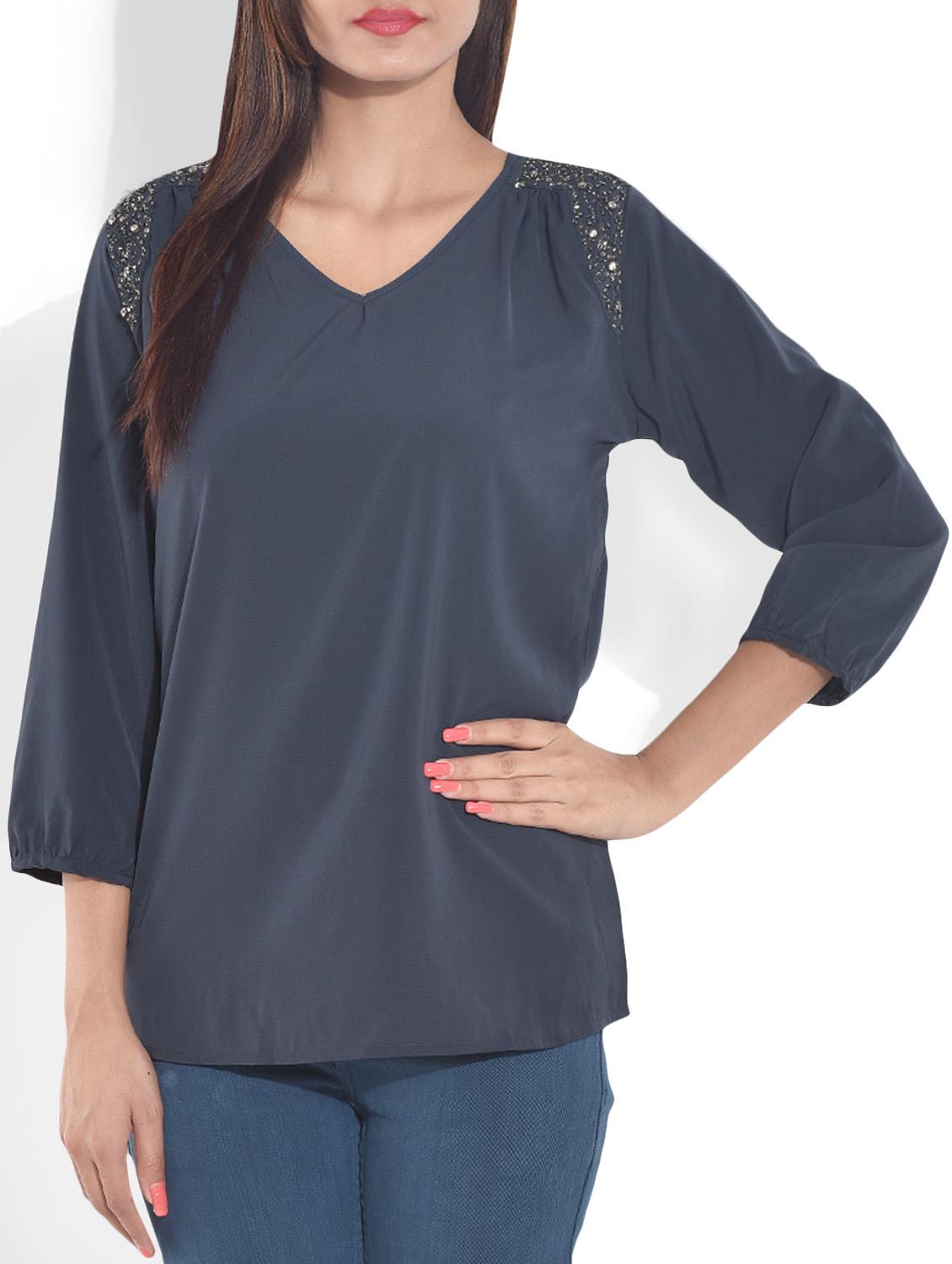 navy blue quarter sleeved top - 9643210 - Zoom Image - 1