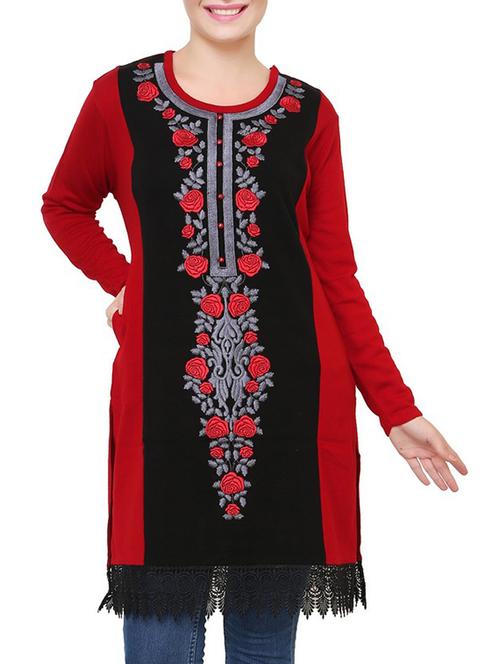 red & black acrylic woolen kurta - 9646059 - Standard Image - 1