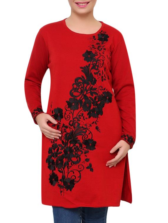 red floral embroidered acrylic woolen kurta - 9646070 - Zoom Image - 1