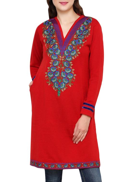 red embroidered full sleeved acrylic woolen kurta - 9646077 - Zoom Image - 1
