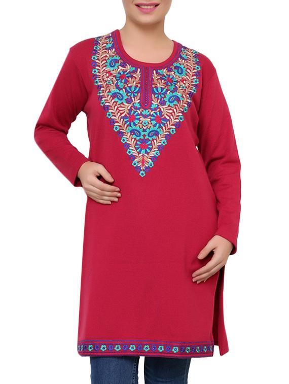 red embroidered full sleeved acrylic woolen kurta - 9646082 - Zoom Image - 1