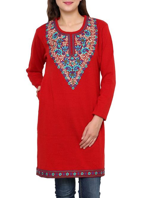 Red Acrylic Printed woolen kurta - 9646083 - Standard Image - 1