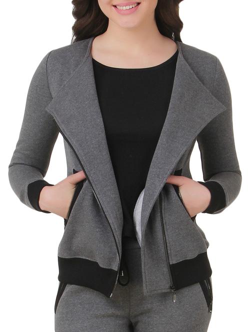 grey cotton knit full sleeved jacket - 9652896 - Standard Image - 1