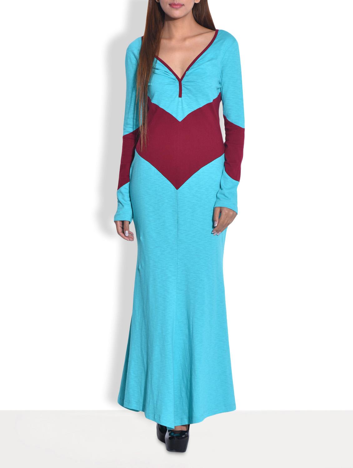 turquoise cotton jersey flared maxi dress - 9652929 - Zoom Image - 1