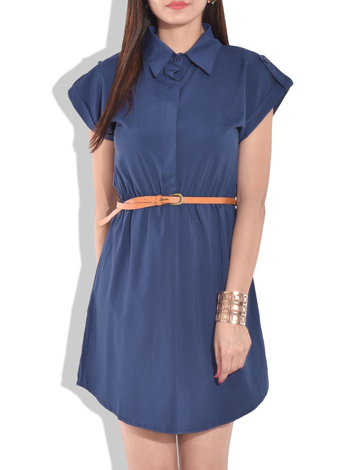 solid blue shirt with belt - 9655345 - Zoom Image - 1