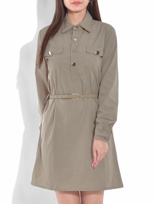 beige full sleeved cotton blend dress - 9655353 - Very Small Image - 1