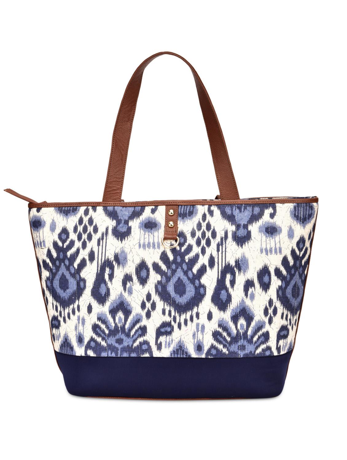 navy blue and off white printed jute and satin tote - 9659404 - Zoom Image - 1