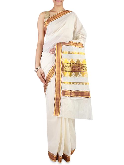 Cream Color Cotton Kasavu Saree with blouse - 9661163 - Standard Image - 1