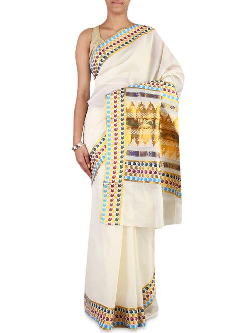 Cream Color Cotton Kasavu Saree with blouse - 9661170 - Standard Image - 1