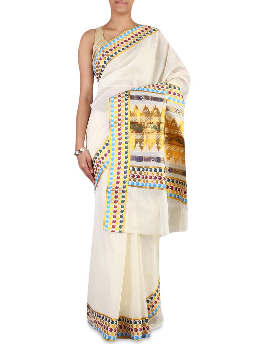 Cream Color Cotton Kasavu Saree with blouse - 9661170 - Zoom Image - 1