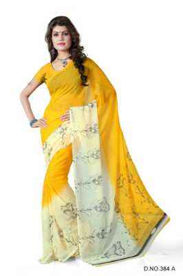 Yellow chffon printed saree - 9672970 - Very Small Image - 1