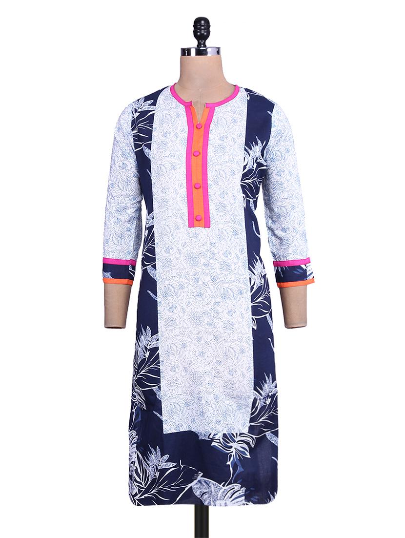 Black and White Printed Kurti with Orange Placket - 9676081 - Zoom Image - 1