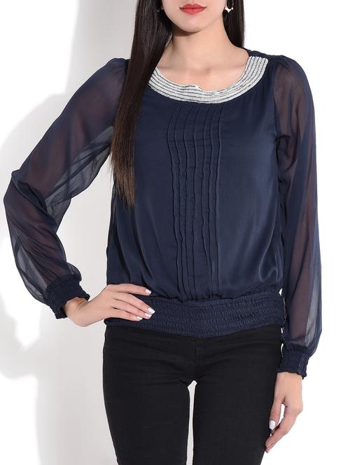 navy blue pin tuck top - 9684709 - Standard Image - 1