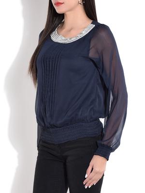 navy blue pin tuck top - 9684709 - Standard Image - 2