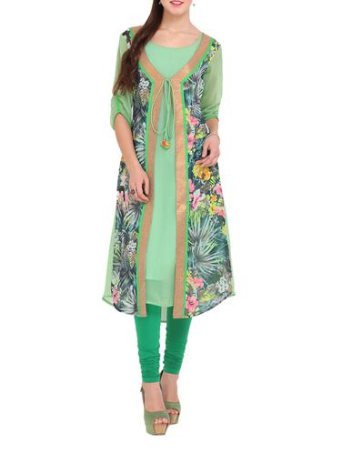 Mint Green Floral Print Long Kurti - 968622 - Very Small Image - 1