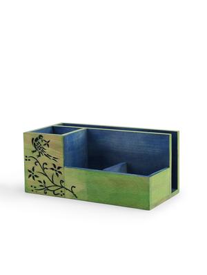 wooden handcarved blue & green desk organizer - 9688312 - Standard Image - 2