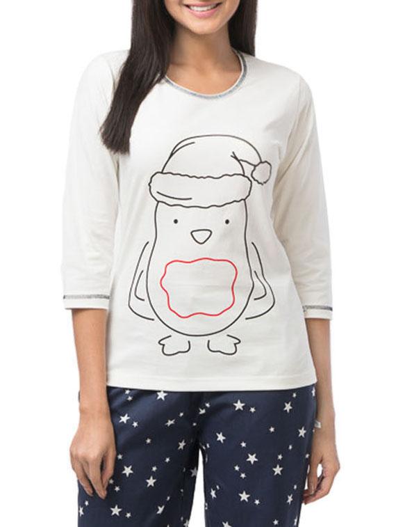 White and Blue Printed Top with Pyjama Set - 9695765 - Zoom Image - 1