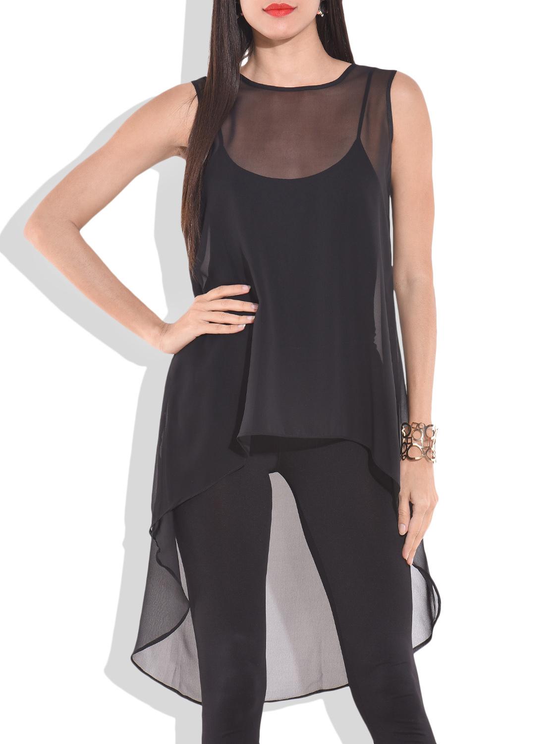 sheer black georgette asymmetrical swing top - 9701137 - Zoom Image - 1
