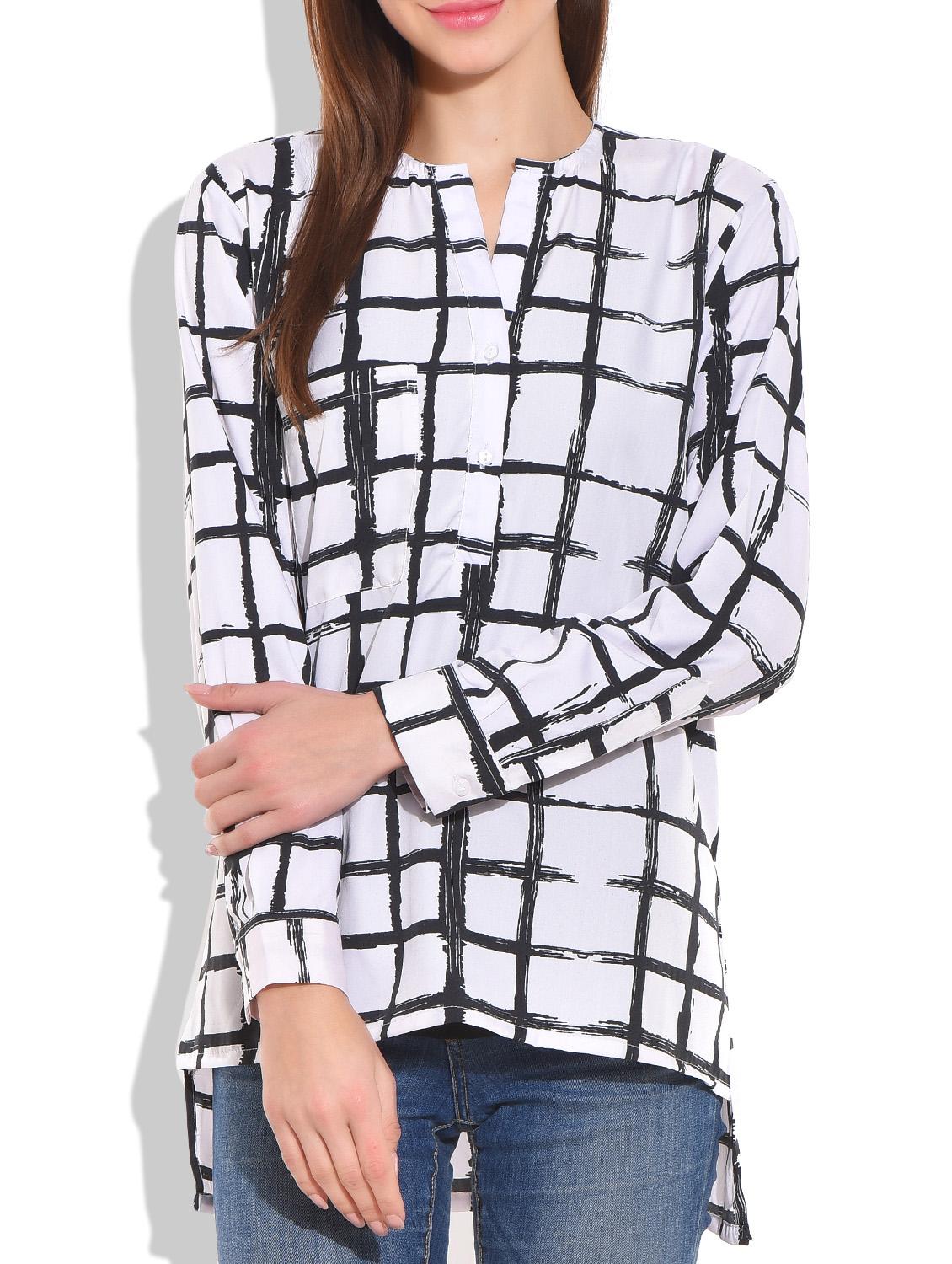 White and black poly crepe check box printed top - 9711995 - Zoom Image - 1