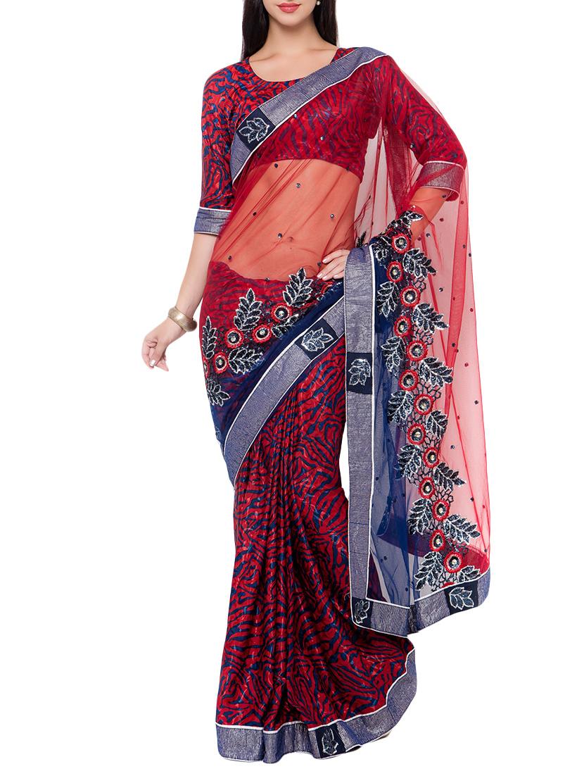 red colored net saree - 9734336 - Zoom Image - 1